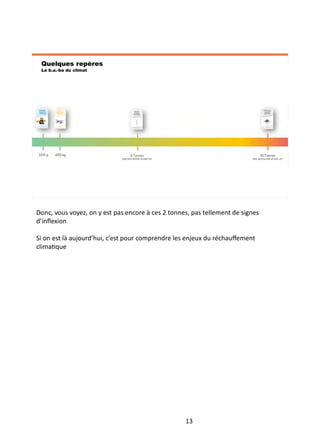 Quelques repères
Le b.a.-ba du climat
Donc, vous voyez, on y est pas encore à ces 2 tonnes, pas tellement de signes
d’inflexion
Si on est là aujourd’hui, c’est pour comprendre les enjeux du réchauffement
climatique
13
 