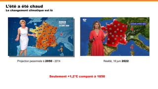 Projection pessimiste à 2050 - 2014 Réalité, 16 juin 2022
Seulement +1,2°C comparé à 1850
L’été a été chaud
Le changement climatique est là
 