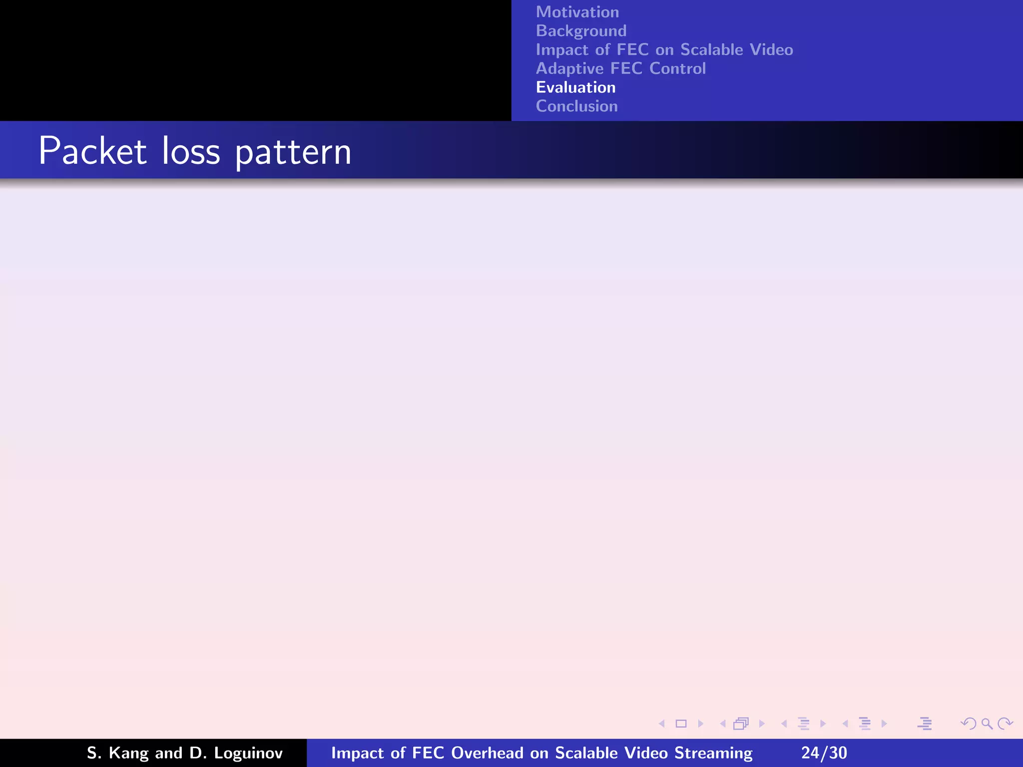 Motivation
                                                    Background
                                                    Impact of FEC on Scalable Video
                                                    Adaptive FEC Control
                                                    Evaluation
                                                    Conclusion


Packet loss pattern




  S. Kang and D. Loguinov   Impact of FEC Overhead on Scalable Video Streaming        24/30
 