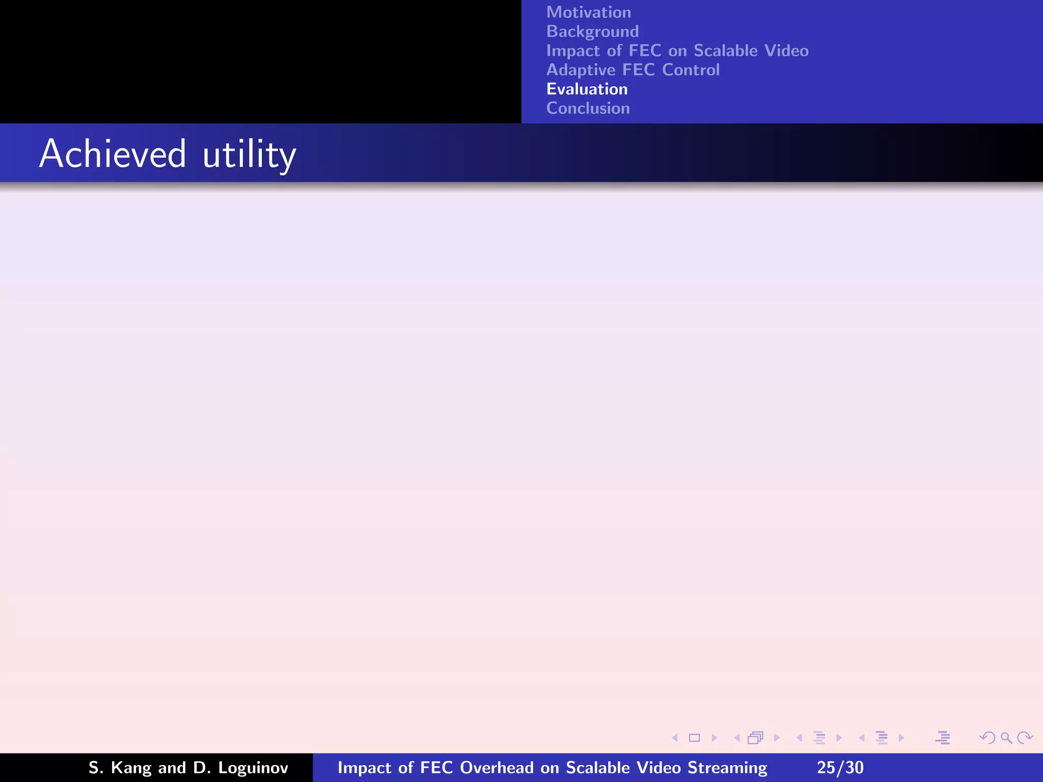Motivation
                                                     Background
                                                     Impact of FEC on Scalable Video
                                                     Adaptive FEC Control
                                                     Evaluation
                                                     Conclusion


Achieved utility




   S. Kang and D. Loguinov   Impact of FEC Overhead on Scalable Video Streaming        25/30
 
