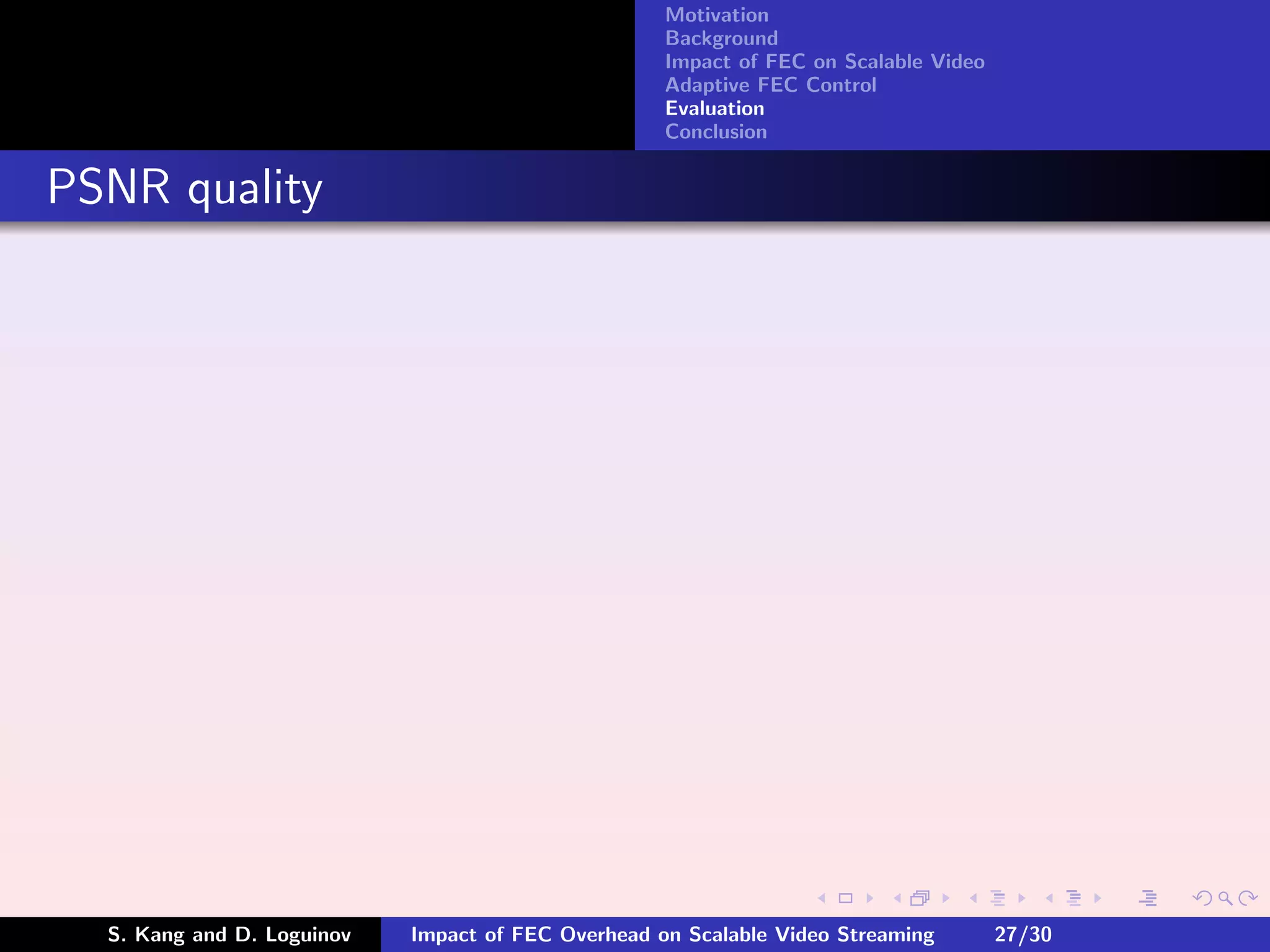 Motivation
                                                    Background
                                                    Impact of FEC on Scalable Video
                                                    Adaptive FEC Control
                                                    Evaluation
                                                    Conclusion


PSNR quality




  S. Kang and D. Loguinov   Impact of FEC Overhead on Scalable Video Streaming        27/30
 