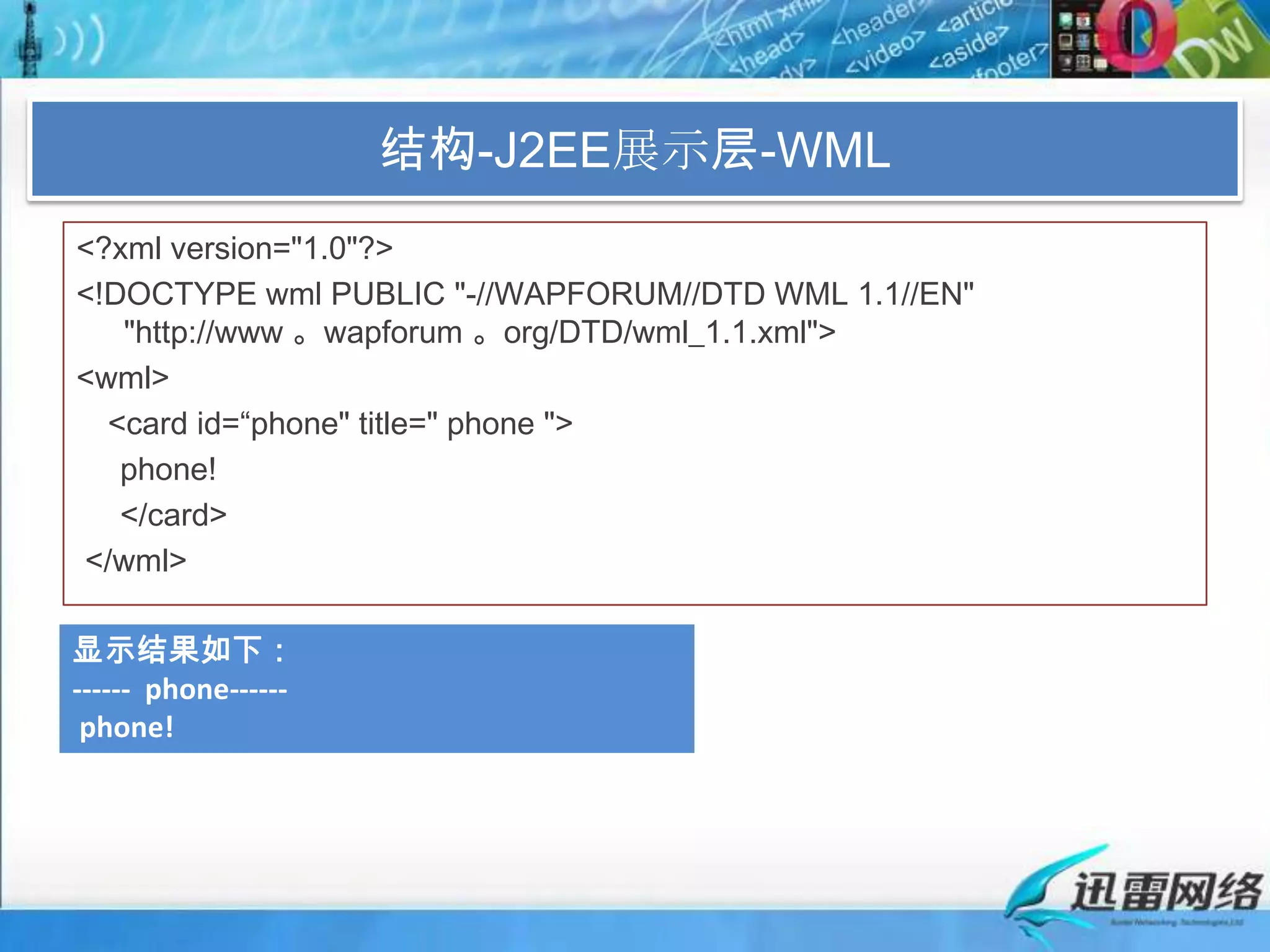 结构-J2EE展示层-WML<?xml version="1.0"?> <!DOCTYPE wml PUBLIC "-//WAPFORUM//DTD WML 1.1//EN" 　　"http://www 。wapforum 。org/DTD/wml_1.1.xml"> <wml> 　<card id=“phone" title=" phone ">      phone!      </card>  </wml> 显示结果如下： ------  phone------  phone! 