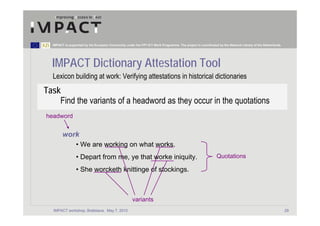 IMPACT is supported by the European Community under the FP7 ICT Work Programme. The project is coordinated by the National Library of the Netherlands.




  IMPACT Dictionary Attestation Tool
  Lexicon building at work: Verifying attestations in historical dictionaries
Task
    Find the variants of a headword as they occur in the quotations
headword


        work
                 • We are working on what works.
                 • Depart from me, ye that worke iniquity.                                                   Quotations

                 • She worcketh knittinge of stockings.



                                                      variants
  IMPACT workshop, Bratislava, May 7, 2010                                                                                                                 29
 