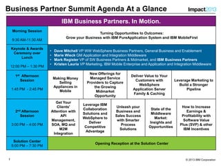 Business Partner Summit Agenda At a Glance
                                 IBM Business Partners. In Motion.
     Morning Session
                                                     Turning Opportunities to Outcomes:
                                    Grow your Business with IBM PureApplication System and IBM MobileFirst
    9:30 AM-11:30 AM

    Keynote & Awards
                         •   Dave Mitchell VP WW WebSphere Business Partners, General Business and Enablement
     Ceremony over
                         •   Marie Wieck GM Application and Integration Middleware
         Lunch
                         •   Mark Register VP of SW Business Partners & Midmarket, and IBM Business Partners
                         •   Kristen Lauria VP Marketing, IBM Mobile Enterprise and Application and Integration Middleware
    12:00 PM – 1:30 PM
                                                 New Offerings for
      1st Afternoon                                                       Deliver Value to Your
                             Making Money        Managed Service
         Session                                                            Customers with           Leverage Marketing to
                                Selling         Providers to Capture
                                                                               WebSphere               Build a Stronger
                             Appliances in          the Growing
    1:45 PM - 2:45 PM           Mobile                                     Application Server              Pipeline
                                                     Midmarket
                                                                           Family & Caching
                                                    Opportunity
                            Get Your
                                             Leverage IBM
                            Clients'                             Unleash your                            How to Increase
                                             Collaboration                            State of the
      2nd Afternoon      Attention with                          Business and                               Earnings &
                                             Solutions and                            Middleware
         Session              API                                Sales Success                           Profitability with
                                             WebSphere to                               Market:
                         Management,                              with Smarter                            Software Value
                                                Deliver                              Insights and
    3:00 PM – 4:00 PM    SOA, MQ and                                Process                             Plus (SVP) & other
                                              Competitive                            Opportunities
                              M2M                                  Solutions                              IBM Incentives
                                              Advantage
                          Integration

     Solution Center
                                                     Opening Reception at the Solution Center
    5:00 PM – 7:30 PM


1                                                                                                          © 2013 IBM Corporation
 