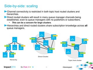 © 2014 IBM Corporation 26 
Side-by-side: scaling 
 Channel connectivity is restricted in both topic host routed clusters and hierarchies. 
 Direct routed clusters will result in many queue manager channels being established, even to 
queue managers with no publishers or subscribers. 
 This can be a concern for large clusters. 
 Hierarchies and direct routed clusters share subscription knowledge across all queue 
managers. 
Subscription Publisher 
Subscription 
Publisher 
Subscription 
Subscription 
Publisher 
Subscription 
Subscription 
Topic 
Hierarchy 
Direct Cluster 
Topic host cluster 
 