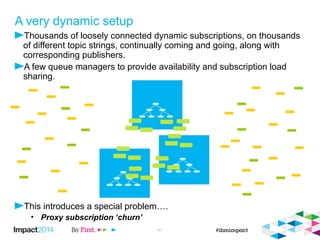 A very dynamic setup 
 Thousands of loosely connected dynamic subscriptions, on thousands of different topic 
strings, continually coming and going, along with corresponding publishers. 
 A few queue managers to provide availability and subscription load sharing. 
 This introduces a special problem…. 
© 2014 IBM Corporation 42 
 Proxy subscription ‘churn’ 
 