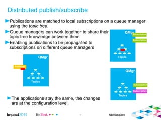 CHANNEL 
CHANNEL 
© 2014 IBM Corporation 9 
QQMMggrr 
Topics 
Publisher 
QQMMggrr 
Topics 
Subscription 
QQMMggrr 
Topics 
Subscription 
Subscription 
Distributed publish/subscribe 
 And we know how everything revolves around the 
topic tree, dynamically built up in a queue manager 
 Queue managers can work together to share their 
topic tree knowledge between them 
 Enabling publications to be propagated to 
subscriptions on different queue managers 
 The applications stay the same, the changes 
are at the configuration level. 
Subscription 
 