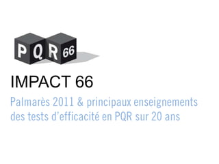 Palmarès 2011 & principaux enseignements des tests d’efficacité en PQR sur 20 ans IMPACT 66 