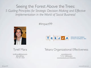 Seeing the Forest Above the Trees:
     5 Guiding Principles for Strategic Decision Making and Effective
             Implementation in the World of Social Business!

                                    #Impact99




            Tyrell Mara                Tekara Organizational Effectiveness
            tyrellmara@tekara.com                     www.tekara.com
                  @TyrellMara                       Twitter: @TekaraInc
                 778-387-3068                    www.facebook.com/TekaraInc




#Impact99                                                                     www.tyrellmara.com
 