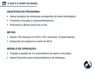 O QUE É O START-UP BRASIL
OBJETIVOS DO PROGRAMA:
 Apoiar projetos de empresas emergentes de base tecnológica;
 Fomentar inovação e empreendedorismo;
 Posicionar o Brasil como hub na AL.
METAS:
 Apoiar 100 startups em 2013, 75% nacionais. 9 aceleradoras;
 Expansão do programa a partir de 2014.
MODELO DE OPERAÇÃO:
 Criação e gestão de um ecossistema de apoio à inovação;
 Apoio financeiro para empreendedores de destaque.
 