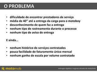 entregas rápidas e seguras através de motofrete
O PROBLEMA
• dificuldade de encontrar prestadores de serviço
• média de 40’’ até a entrega da carga para o motoboy
• desconhecimento de quem faz a entrega
• nenhum tipo de rastreamento durante o processo
• nenhum tipo de aviso de entrega
E ainda…
• nenhum histórico de serviços contratados
• pouca facilidade de faturamento único mensal
• nenhum ganho de escala por volume contratado
 