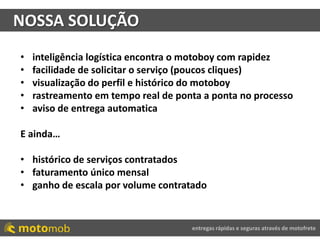 entregas rápidas e seguras através de motofrete
NOSSA SOLUÇÃO
• inteligência logística encontra o motoboy com rapidez
• facilidade de solicitar o serviço (poucos cliques)
• visualização do perfil e histórico do motoboy
• rastreamento em tempo real de ponta a ponta no processo
• aviso de entrega automatica
E ainda…
• histórico de serviços contratados
• faturamento único mensal
• ganho de escala por volume contratado
 