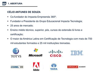 CÉLIO ANTUNES DE SOUZA
 Co-fundador do Impacta Empreenda 360º;
 Fundador e Presidente do Grupo Educacional Impacta Tecnologia;
 25 anos de mercado;
 Ensino médio técnico, superior, pós, cursos de extensão & livres e
certificação;
 O maior da América Latina em Certificação de Tecnologia com mais de 700
mil estudantes formados e 25 mil instituições treinadas.
1. ABERTURA
 
