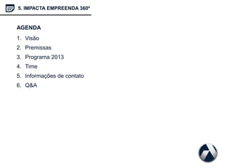 5. IMPACTA EMPREENDA 360º
AGENDA
1. Visão
2. Premissas
3. Programa 2013
4. Time
5. Informações de contato
6. Q&A
 