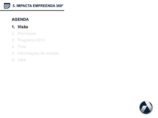 AGENDA
1. Visão
2. Premissas
3. Programa 2013
4. Time
5. Informações de contato
6. Q&A
5. IMPACTA EMPREENDA 360º
 