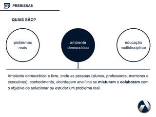 Ambiente democrático e livre, onde as pessoas (alunos, professores, mentores e
executivos), conhecimento, abordagem analítica se misturam e colaboram com
o objetivo de solucionar ou estudar um problema real.
problemas
reais
ambiente
democrático
educação
multidisciplinar
PREMISSAS
QUAIS SÃO?
 