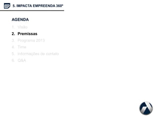 AGENDA
1. Visão
2. Premissas
3. Programa 2013
4. Time
5. Informações de contato
6. Q&A
5. IMPACTA EMPREENDA 360º
 