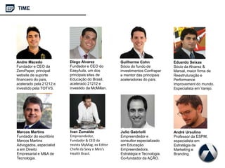 TIME
Andre Macedo
Fundador e CEO da
ZeroPaper, principal
website de suporte
financeiro do país,
acelerado pela 21212 e
investido pela TOTVS.
Diego Alvarez
Fundador e CEO do
EasyAula, um dos
principais sites de
Educação do Brasil,
acelerado 21212 e
investido da McMillan.
Guilherme Cohn
Sócio do fundo de
investimentos Confrapar
e mentor das principais
aceleradoras do país.
Eduardo Seixas
Sócio da Alvarez &
Marsal, maior firma de
Reestruturação e
Performance
Improvement do mundo.
Especialista em Varejo.
Marcos Martins
Fundador do escritório
Marcos Martins
Advogados, especialist
a em Direito
Empresarial e M&A de
Tecnologia.
Ivan Zumalde
Empreendedor,
Fundador & CEO da
revista MyMag, ex Editor
Chefe da Sexy e Men’s
Health Brasil.
Julio Gabriolli
Empreendedor e
consultor especializado
em Educação
Empreendedora,
Estratégia e Tecnologia.
Co-fundador da AÇÃO.
André Ursulino
Professor da ESPM,
especialista em
Estratégia de
Marketing e
Branding.
 