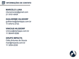 INFORMAÇÕES DE CONTATO
MARCELO LUNA
mlunamorais@gmail.com
21 9161-6454
GUILHERME HILSDORF
guilherme@startapps.com.br
11 97673-3733
VINICIUS HILSDORF
vinicius@startapps.com.br
11 96444-9286
GRUPO IMPACTA
Célio Antunes de Souza
mari@impacta.com.br
11 3254-2230
 