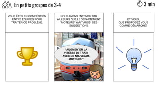 3 minEn petits groupes de 3-4
VOUS ÊTES EN COMPÉTITION
ENTRE ÉQUIPES POUR
TRAITER CE PROBLÈME.
ET VOUS,
QUE PROPOSEZ VOUS
COMME DÉMARCHE?
NOUS AVONS ENTENDU PAR
AILLEURS QUE LE DÉPARTEMENT
“MOTEURS” AVAIT AUSSI SES
SUGGESTIONS
“AUGMENTER LA
VITESSE DU TRAIN
AVEC DE NOUVEAUX
MOTEURS.“
 