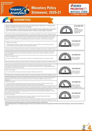 4
ICICI Prudential Medium Term Bond Fund (An open ended medium term debt scheme investing in instruments
such that the Macaulay duration of the portfolio is between 3 Years and 4 Years. The Macaulay duration of the
portfolio is 1 Year to 4 years under anticipated adverse situation) is suitable for investors who are seeking*
Moderate
• Medium term savings
• A debt scheme that invests in debt and money market instruments with a view to maximize income
while maintaining optimum balance of yield, safety and liquidity
Investors understand
that their principal will
LOW HIGH be at moderate risk
*Investors should consult their financial advisers if in doubt about whether the product is suitable for them.
ICICI Prudential All Seasons Bond Fund (An open ended dynamic debt scheme investing across
duration) is suitable for investors who are seeking*: Moderate
Investors
understand that their
principal will be at
•All duration savings • A debt scheme that invests in debt and money market instruments with a
view to maximise income while maintaining optimum balance of yield, safety and liquidity
LOW HIGH Moderate risk
*Investors should consult their financial advisers if in doubt about whether the product is suitable for them.
ICICI Prudential Ultra Short Term Fund(An open ended ultra-short term debt scheme investing in instruments
such that the Macaulay duration of the portfolio is between 3 months and 6 months) is suitable for investors
who are seeking*: Moderate
• Short term regular income
• An open ended ultra-short term debt scheme investing in a range of debt and money market instruments
Investors understand
that their principal will
LOW HIGH be at moderate risk
*Investors should consult their financial advisers if in doubt about whether the product is suitable for them.
ICICI Prudential Floating Interest Fund (An open ended debt scheme predominantly investing in floating
rate instruments (including fixed rate instruments converted to floating rate exposures using swaps/derivatives)
is suitable for investors who are seeking*: Moderate
• Short term savings
• An open ended debt scheme predominantly investing in floating rate instruments
Investors understand
that their principal will
LOW HIGH be at moderate risk
*Investors should consult their financial advisers if in doubt about whether the product is suitable for them.
ICICI Prudential Banking & PSU Debt Fund (An open ended debt scheme predominantly investing in Debt
instruments of banks, Public Sector Undertakings, Public Financial Institutions and Municipal Bonds.) is suitable
for investors who are seeking*: Moderate
• Short term savings
• An open ended debt scheme predominantly investing in Debt instruments of banks, Public Sector
Undertakings, Public Financial Institutions and Municipal Bonds
Investors understand
that their principal will
LOW HIGH be at moderate risk
*Investors should consult their financial advisers if in doubt about whether the product is suitable for them.
*Investors should consult their financial advisers if in doubt about whether the product is suitable for them
Note: The Macaulay duration is the weighted average term to maturity of the cash flows from a bond. The weight of each cash flow is determined by dividing the present value of the cash flow by
the price.
RISKOMETERS
Monetary Policy
Statement, 2020-21
ICICI Prudential Savings Fund (An open ended low duration debt scheme investing in instruments such that the
Macaulay duration of the portfolio is between 6 months and 12 months) is suitable for investors who are
seeking*:
Moderate
Investors understand
that their principal will
LOW HIGH be at moderately low risk
• Short term savings
• An open ended low duration debt scheme that aims to maximize income by investing in debt and money
market instruments while maintaining optimum balance of yield, safety and liquidity
*Investors should consult their financial advisers if in doubt about whether the product is suitable for them.
 