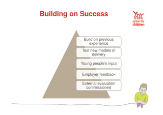 Building on Success 
Build on previous 
experience 
Test new models of 
delivery 
Young people’s input 
Employer feedback 
External evaluation 
commissioned 
 
