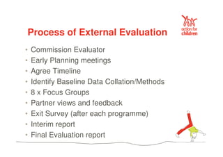 Process of External Evaluation 
• Commission Evaluator 
• Early Planning meetings 
• Agree Timeline 
• Identify Baseline Data Collation/Methods 
• 8 x Focus Groups 
• Partner views and feedback 
• Exit Survey (after each programme) 
• Interim report 
• Final Evaluation report 
 