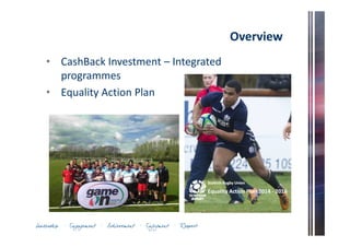 Overview 
• CashBack Investment – Integrated 
programmes 
• Equality Action Plan 
 
