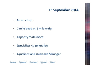 1st September 2014 
• Restructure 
• 1 mile deep vs 1 mile wide 
• Capacity to do more 
• Specialists vs generalists 
• Equalities and Outreach Manager 
 