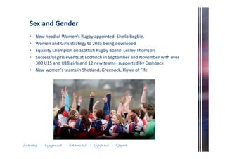 Sex and Gender 
• New head of Women's Rugby appointed- Sheila Begbie. 
• Women and Girls strategy to 2025 being developed 
• Equality Champion on Scottish Rugby Board- Lesley Thomson 
• Successful girls events at Lochinch in September and November with over 
300 U15 and U18 girls and 12 new teams- supported by Cashback 
• New women's teams in Shetland, Greenock, Howe of Fife 
 