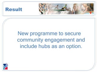 New programme to secure community engagement and include hubs as an option. Result 
