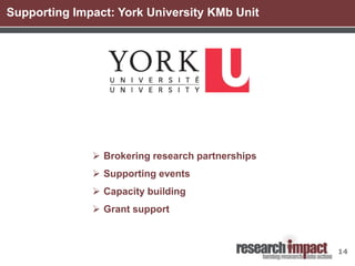14
Supporting Impact: York University KMb Unit
 Brokering research partnerships
 Supporting events
 Capacity building
 Grant support
 