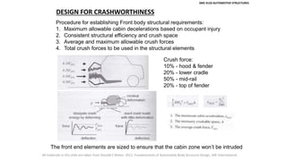 SMC 4133 AUTOMOTIVE STRUCTURES
DESIGN FOR CRASHWORTHINESS
Procedure for establishing Front body structural requirements:
1. Maximum allowable cabin decelerations based on occupant injury
2. Consistent structural efficiency and crush space
3. Average and maximum allowable crush forces
4. Total crush forces to be used in the structural elements
Crush force:
10% - hood & fender
20% - lower cradle
50% - mid-rail
20% - top of fender
The front end elements are sized to ensure that the cabin zone won’t be intruded
All materials in this slide are taken from Donald E Malen. 2011. Fundamentals of Automobile Body Structure Design, SAE International.
 