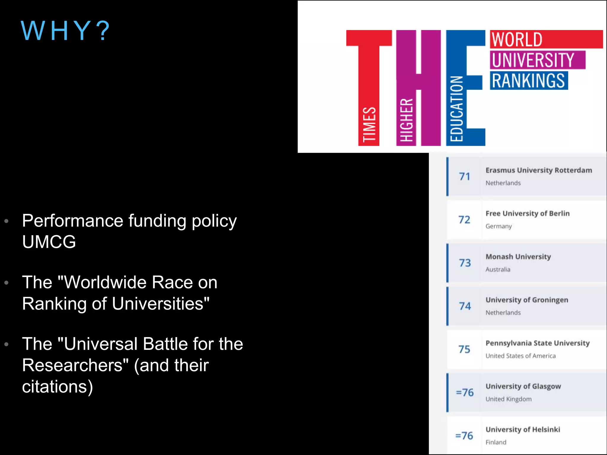 W H Y ?
• Performance funding policy
UMCG
• The "Worldwide Race on
Ranking of Universities"
• The "Universal Battle for the
Researchers" (and their
citations)
 