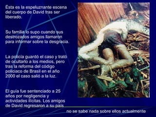 Ésta es la espeluznante escena del cuerpo de David tras ser liberado. Su familia lo supo cuando sus destrozados amigos llamaron para informar sobre la desgracia. La policía guardó el caso y trató de ocultarlo a los medios, pero tras la reforma del código policiaco de Brasil en el año 2000 el caso salió a la luz. El guía fue sentenciado a 25 años por negligencia y actividades ilícitas. Los amigos de David regresaron a su país no se sabe nada sobre ellos actualmente 