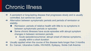 Chronic Illness
➔ A persistent or long-lasting disease that progresses slowly and is usually
controlled, but cannot be cured
➔ Alternation between symptomatic periods and periods of remission or
stability
◆ Remission: periods of relative health with little to no symptoms in
between symptomatic periods or episodes
◆ Some chronic illnesses have acute episodes with abrupt symptom
changes in between remission periods
● Acute episode/occurrence: abrupt onset of intense symptoms,
usually within a short duration
➔ Usually applied when the course of the disease lasts longer than 3 months
➔ Ex: Cancer, Ulcerative Colitis, HIV/AIDS, Epilepsy, Sickle Cell Anemia
 