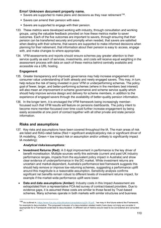 Error! Unknown document property name.
110
▪ Savers are supported to make plans and decisions as they near retirement158
.
▪ Savers can amend their pension with ease.
▪ Savers are supported to engage with their pension.
133. These metrics were developed working with industry, through consultation and working
groups, using the valuable feedback provided on how these metrics matter to saver
outcomes. Each of the five outcomes are important to savers, through ensuring that their
pension can be transferred securely and promptly when needed, that savers are satisfied
when dealing with their scheme, that savers are supported to make informed decisions when
planning for their retirement, that information about their pension is easy to access, engage
with, and make changes to where appropriate.
134. VFM assessments and reports should ensure schemes pay greater attention to their
service quality as each of services, investments, and costs will receive equal weighting in the
assessment process with data on each of these metrics behind centrally available and
accessible via a URL hosting.
Engagement
135. Greater transparency and improved governance may help increase engagement and
consumer value understanding of both already and newly engaged savers. This may, in turn,
help reduce the risk of being invested in poor VFM or underperforming schemes. The policy
goal of fewer, larger, and better-performing schemes (where in the members best interest)
will also mean an improvement in scheme governance and scheme service quality which
should help improve service design and delivery for scheme members, in addition to the
experience of engaged savers through the availability of better-quality pension information.
136. In the longer term, it is envisaged the VFM framework being increasingly member-
focussed such that VFM results will feature on pensions dashboards. The policy intent to
become more member-focussed over time could further increase engagement by being
easily accessible at one point of contact together with all other private and state pension
information.
Risks and assumptions
137. Key risks and assumptions have been covered throughout the IA. The main areas of risk
are listed and RAG-rated below (Red = significant analytical/policy risk or significant driver of
IA modelling ; Green = low impact risk or assumption and/or unlikely to significantly impact
IA modelling):
Analytical risks/assumptions:
• Investment Returns (Red): A 0.4ppt improvement in performance is the key driver of
benefit monetisation. Multiple sources verify this estimate (current and past UK industry
performance ranges, impacts from the equivalent policy impact in Australia) and show
clear evidence of underperformance in the DC market. While investment returns are
uncertain and market-dependent, Australia's performance test framework suggests this
should help remove or improve low-returning schemes, suggesting a performance uplift
around this magnitude is a reasonable assumption. Sensitivity analysis confirms
significant net benefits remain robust to different levels of investment returns impact, for
example if the market-wide performance uplift were lower.
• Data and data assumptions (Amber): Industry costs in this Impact Assessment are
extrapolated from a representative FCA-led survey of contract-based providers. Due to
evidence gaps, it is assumed these costs are similar to those faced by Trust-based
schemes. Many schemes operate in both markets with similar structures and business
158
As outlined in, https://www.fca.org.uk/publication/consultation/cp24-16.pdf , “we may in the future extend the Framework,
for example to decumulation. The proposed inclusion of a decumulation-related metric here does not imply we consider it
appropriate for a Framework extended to decumulation. A different set of metrics would need to be considered and consulted
on.”
 