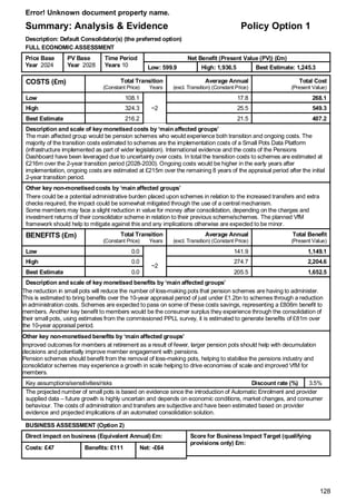 Error! Unknown document property name.
128
Summary: Analysis & Evidence Policy Option 1
Description: Default Consolidator(s) (the preferred option)
FULL ECONOMIC ASSESSMENT
Price Base
Year 2024
PV Base
Year 2028
Time Period
Years 10
Net Benefit (Present Value (PV)) (£m)
Low: 599.9 High: 1,936.5 Best Estimate: 1,245.3
COSTS (£m) Total Transition
(Constant Price) Years
Average Annual
(excl. Transition) (Constant Price)
Total Cost
(Present Value)
Low 108.1
~2
17.8 268.1
High 324.3 25.5 549.3
Best Estimate 216.2 21.5 407.2
Description and scale of key monetised costs by ‘main affected groups’
The main affected group would be pension schemes who would experience both transition and ongoing costs. The
majority of the transition costs estimated to schemes are the implementation costs of a Small Pots Data Platform
(infrastructure implemented as part of wider legislation). International evidence and the costs of the Pensions
Dashboard have been leveraged due to uncertainty over costs. In total the transition costs to schemes are estimated at
£216m over the 2-year transition period (2028-2030). Ongoing costs would be higher in the early years after
implementation, ongoing costs are estimated at £215m over the remaining 8 years of the appraisal period after the initial
2-year transition period.
Other key non-monetised costs by ‘main affected groups’
There could be a potential administrative burden placed upon schemes in relation to the increased transfers and extra
checks required, the impact could be somewhat mitigated through the use of a central mechanism.
Some members may face a slight reduction in value for money after consolidation, depending on the charges and
investment returns of their consolidator scheme in relation to their previous scheme/schemes. The planned VfM
framework should help to mitigate against this and any implications otherwise are expected to be minor.
BENEFITS (£m) Total Transition
(Constant Price) Years
Average Annual
(excl. Transition) (Constant Price)
Total Benefit
(Present Value)
Low 0.0
~2
141.9 1,149.1
High 0.0 274.7 2,204.6
Best Estimate 0.0 205.5 1,652.5
Description and scale of key monetised benefits by ‘main affected groups’
The reduction in small pots will reduce the number of loss-making pots that pension schemes are having to administer.
This is estimated to bring benefits over the 10-year appraisal period of just under £1.2bn to schemes through a reduction
in administration costs. Schemes are expected to pass on some of these costs savings, representing a £806m benefit to
members. Another key benefit to members would be the consumer surplus they experience through the consolidation of
their small pots, using estimates from the commissioned PPLL survey, it is estimated to generate benefits of £81m over
the 10-year appraisal period.
Other key non-monetised benefits by ‘main affected groups’
Improved outcomes for members at retirement as a result of fewer, larger pension pots should help with decumulation
decisions and potentially improve member engagement with pensions.
Pension schemes should benefit from the removal of loss-making pots, helping to stabilise the pensions industry and
consolidator schemes may experience a growth in scale helping to drive economies of scale and improved VfM for
members.
Key assumptions/sensitivities/risks Discount rate (%) 3.5%
The projected number of small pots is based on evidence since the introduction of Automatic Enrolment and provider
supplied data – future growth is highly uncertain and depends on economic conditions, market changes, and consumer
behaviour. The costs of administration and transfers are subjective and have been estimated based on provider
evidence and projected implications of an automated consolidation solution.
BUSINESS ASSESSMENT (Option 2)
Direct impact on business (Equivalent Annual) £m: Score for Business Impact Target (qualifying
provisions only) £m:
Costs: £47 Benefits: £111 Net: -£64
 