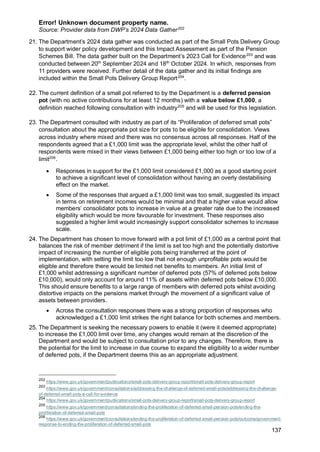 Error! Unknown document property name.
137
Source: Provider data from DWP’s 2024 Data Gather202
21. The Department’s 2024 data gather was conducted as part of the Small Pots Delivery Group
to support wider policy development and this Impact Assessment as part of the Pension
Schemes Bill. The data gather built on the Department’s 2023 Call for Evidence203
and was
conducted between 20th
September 2024 and 18th
October 2024. In which, responses from
11 providers were received. Further detail of the data gather and its initial findings are
included within the Small Pots Delivery Group Report204
.
22. The current definition of a small pot referred to by the Department is a deferred pension
pot (with no active contributions for at least 12 months) with a value below £1,000, a
definition reached following consultation with industry205
and will be used for this legislation.
23. The Department consulted with industry as part of its “Proliferation of deferred small pots”
consultation about the appropriate pot size for pots to be eligible for consolidation. Views
across industry where mixed and there was no consensus across all responses. Half of the
respondents agreed that a £1,000 limit was the appropriate level, whilst the other half of
respondents were mixed in their views between £1,000 being either too high or too low of a
limit206
.
• Responses in support for the £1,000 limit considered £1,000 as a good starting point
to achieve a significant level of consolidation without having an overly destabilising
effect on the market.
• Some of the responses that argued a £1,000 limit was too small, suggested its impact
in terms on retirement incomes would be minimal and that a higher value would allow
members’ consolidator pots to increase in value at a greater rate due to the increased
eligibility which would be more favourable for investment. These responses also
suggested a higher limit would increasingly support consolidator schemes to increase
scale.
24. The Department has chosen to move forward with a pot limit of £1,000 as a central point that
balances the risk of member detriment if the limit is set too high and the potentially distortive
impact of increasing the number of eligible pots being transferred at the point of
implementation, with setting the limit too low that not enough unprofitable pots would be
eligible and therefore there would be limited net benefits to members. An initial limit of
£1,000 whilst addressing a significant number of deferred pots (57% of deferred pots below
£10,000), would only account for around 11% of assets within deferred pots below £10,000.
This should ensure benefits to a large range of members with deferred pots whilst avoiding
distortive impacts on the pensions market through the movement of a significant value of
assets between providers.
• Across the consultation responses there was a strong proportion of responses who
acknowledged a £1,000 limit strikes the right balance for both schemes and members.
25. The Department is seeking the necessary powers to enable it (were it deemed appropriate)
to increase the £1,000 limit over time, any changes would remain at the discretion of the
Department and would be subject to consultation prior to any changes. Therefore, there is
the potential for the limit to increase in due course to expand the eligibility to a wider number
of deferred pots, if the Department deems this as an appropriate adjustment.
202
https://www.gov.uk/government/publications/small-pots-delivery-group-report/small-pots-delivery-group-report
203
https://www.gov.uk/government/consultations/addressing-the-challenge-of-deferred-small-pots/addressing-the-challenge-
of-deferred-small-pots-a-call-for-evidence
204
https://www.gov.uk/government/publications/small-pots-delivery-group-report/small-pots-delivery-group-report
205
https://www.gov.uk/government/consultations/ending-the-proliferation-of-deferred-small-pension-pots/ending-the-
proliferation-of-deferred-small-pots
206
https://www.gov.uk/government/consultations/ending-the-proliferation-of-deferred-small-pension-pots/outcome/government-
response-to-ending-the-proliferation-of-deferred-small-pots
 