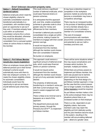 Error! Unknown document property name.
151
Option 1 - Default Consolidator
(preferred option)
Deferred small pots which meet the
chosen eligibility criteria for
automatic consolidation would be
transferred automatically to a
consolidator, with members being
given an opportunity to opt-out if
they wish. If members already have
a pot within an authorised
consolidator scheme this is where
they would be allocated, otherwise
they would be allocated to a
consolidator from a carousel system
unless an active choice is made by
the member.
This could remove a significant
number of deferred small pots, which
could ease financial strains on
pension schemes.
It is anticipated that this approach
will, over time, enable consolidator
schemes to generate scale to drive
greater value for money and
efficiencies for their members.
A member’s deferred pots would be
consolidated into a single pot within
one scheme, making it easier for
members to engage with their overall
pension savings.
It would not require active
involvement from the member,
although the member could choose
their own consolidator if desired.
No burden on employers.
It may have a distortive impact on
competition in the workplace
pensions market as schemes who
become a consolidator may have a
competitive advantage.
There may be an increased burden
in the process of identifying whether
or not a member already has a
consolidator pot or is already a
member of a consolidator scheme.
The cost of increased
communications with members
around their consolidator scheme
and potential to opt-out, both a
monetary and time cost.
Option 2 - Pot Follows Member
(would also require legislation)
When an employee moves jobs their
deferred pension pot in their former
employer's scheme would
automatically move with them to
their new employer’s scheme, if it
meets the chosen eligibility criteria
for automatic consolidation.
Individuals would have the
opportunity to opt-out and leave
any/all deferred pots where they
are.
This approach could remove a
significant amount of deferred small
pots, which could ease financial
strains on pension schemes.
It would not require active
involvement from the member,
although the member could choose
to opt out of any automatic transfer if
desired.
The simplicity of deferred pots
transferring to a member’s active pot
with their current employer may
result in easier engagement with
pensions.
There is likely to be minimal cost to
taxpayers as a result of this
approach.
The department previously took
primary powers, through the
Pensions Act 2014244
, to implement
pot follows member.
There will be some situations where
this may cause complications and
increase admin burdens, for
example, multiple job holders.
Whilst there are primary powers to
implement pot follows member, this
work was paused due to barriers
which needed to be overcome.
Depending on the final design of a
pot follows member approach, it may
be the case that the current powers
are no longer suitable. It is likely that
further legislation would be required.
As pot follows member makes a link
to the active employer there may be
situations where there is an
increased burden on that employer.
There is a risk, dependent on pot
eligibility criteria, that some
members’ pots may reach the
eligibility pot limit relatively quickly
and the pots therefore become stuck
in the system, resulting in the
member still accumulating deferred
pots – albeit at a greater value.
244
https://www.legislation.gov.uk/ukpga/2014/19/contents
 