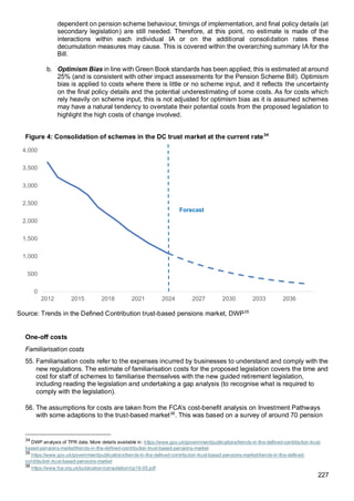 227
dependent on pension scheme behaviour, timings of implementation, and final policy details (at
secondary legislation) are still needed. Therefore, at this point, no estimate is made of the
interactions within each individual IA or on the additional consolidation rates these
decumulation measures may cause. This is covered within the overarching summary IA for the
Bill.
b. Optimism Bias in line with Green Book standards has been applied; this is estimated at around
25% (and is consistent with other impact assessments for the Pension Scheme Bill). Optimism
bias is applied to costs where there is little or no scheme input, and it reflects the uncertainty
on the final policy details and the potential underestimating of some costs. As for costs which
rely heavily on scheme input, this is not adjusted for optimism bias as it is assumed schemes
may have a natural tendency to overstate their potential costs from the proposed legislation to
highlight the high costs of change involved.
Figure 4: Consolidation of schemes in the DC trust market at the current rate34
Source: Trends in the Defined Contribution trust-based pensions market, DWP35
One-off costs
Familiarisation costs
55. Familiarisation costs refer to the expenses incurred by businesses to understand and comply with the
new regulations. The estimate of familiarisation costs for the proposed legislation covers the time and
cost for staff of schemes to familiarise themselves with the new guided retirement legislation,
including reading the legislation and undertaking a gap analysis (to recognise what is required to
comply with the legislation).
56. The assumptions for costs are taken from the FCA’s cost-benefit analysis on Investment Pathways
with some adaptions to the trust-based market36
. This was based on a survey of around 70 pension
34
DWP analysis of TPR data. More details available in: https://www.gov.uk/government/publications/trends-in-the-defined-contribution-trust-
based-pensions-market/trends-in-the-defined-contribution-trust-based-pensions-market
35
https://www.gov.uk/government/publications/trends-in-the-defined-contribution-trust-based-pensions-market/trends-in-the-defined-
contribution-trust-based-pensions-market
36
https://www.fca.org.uk/publication/consultation/cp19-05.pdf
0
500
1,000
1,500
2,000
2,500
3,000
3,500
4,000
2012 2015 2018 2021 2024 2027 2030 2033 2036
Forecast
 