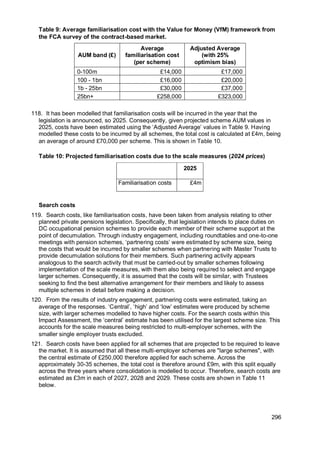 296
Table 9: Average familiarisation cost with the Value for Money (VfM) framework from
the FCA survey of the contract-based market.
AUM band (£)
Average
familiarisation cost
(per scheme)
Adjusted Average
(with 25%
optimism bias)
0-100m £14,000 £17,000
100 - 1bn £16,000 £20,000
1b - 25bn £30,000 £37,000
25bn+ £258,000 £323,000
118. It has been modelled that familiarisation costs will be incurred in the year that the
legislation is announced, so 2025. Consequently, given projected scheme AUM values in
2025, costs have been estimated using the ‘Adjusted Average’ values in Table 9. Having
modelled these costs to be incurred by all schemes, the total cost is calculated at £4m, being
an average of around £70,000 per scheme. This is shown in Table 10.
Table 10: Projected familiarisation costs due to the scale measures (2024 prices)
2025
Familiarisation costs £4m
Search costs
119. Search costs, like familiarisation costs, have been taken from analysis relating to other
planned private pensions legislation. Specifically, that legislation intends to place duties on
DC occupational pension schemes to provide each member of their scheme support at the
point of decumulation. Through industry engagement, including roundtables and one-to-one
meetings with pension schemes, ‘partnering costs’ were estimated by scheme size, being
the costs that would be incurred by smaller schemes when partnering with Master Trusts to
provide decumulation solutions for their members. Such partnering activity appears
analogous to the search activity that must be carried-out by smaller schemes following
implementation of the scale measures, with them also being required to select and engage
larger schemes. Consequently, it is assumed that the costs will be similar, with Trustees
seeking to find the best alternative arrangement for their members and likely to assess
multiple schemes in detail before making a decision.
120. From the results of industry engagement, partnering costs were estimated, taking an
average of the responses. ‘Central’, ‘high’ and ‘low’ estimates were produced by scheme
size, with larger schemes modelled to have higher costs. For the search costs within this
Impact Assessment, the ‘central’ estimate has been utilised for the largest scheme size. This
accounts for the scale measures being restricted to multi-employer schemes, with the
smaller single employer trusts excluded.
121. Search costs have been applied for all schemes that are projected to be required to leave
the market. It is assumed that all these multi-employer schemes are "large schemes", with
the central estimate of £250,000 therefore applied for each scheme. Across the
approximately 30-35 schemes, the total cost is therefore around £9m, with this split equally
across the three years where consolidation is modelled to occur. Therefore, search costs are
estimated as £3m in each of 2027, 2028 and 2029. These costs are shown in Table 11
below.
 