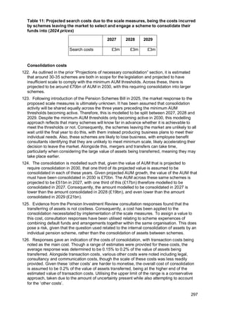 297
Table 11: Projected search costs due to the scale measures, being the costs incurred
by schemes leaving the market to select and engage a scheme to consolidate their
funds into (2024 prices)
2027 2028 2029
Search costs £3m £3m £3m
Consolidation costs
122. As outlined in the prior “Projections of necessary consolidation” section, it is estimated
that around 30-35 schemes are both in scope for the legislation and projected to have
insufficient scale to comply with the minimum AUM thresholds. Across these, there is
projected to be around £70bn of AUM in 2030, with this requiring consolidation into larger
schemes.
123. Following introduction of the Pension Schemes Bill in 2025, the market response to the
proposed scale measures is ultimately unknown. It has been assumed that consolidation
activity will be shared equally across the three years preceding the minimum AUM
thresholds becoming active. Therefore, this is modelled to be split between 2027, 2028 and
2029. Despite the minimum AUM thresholds only becoming active in 2030, this modelling
approach reflects that many schemes will know far in advance whether it is achievable to
meet the thresholds or not. Consequently, the schemes leaving the market are unlikely to all
wait until the final year to do this, with them instead producing business plans to meet their
individual needs. Also, these schemes are likely to lose business, with employee benefit
consultants identifying that they are unlikely to meet minimum scale, likely accelerating their
decision to leave the market. Alongside this, mergers and transfers can take time,
particularly when considering the large value of assets being transferred, meaning they may
take place earlier.
124. The consolidation is modelled such that, given the value of AUM that is projected to
require consolidation in 2030, that one third of its projected value is assumed to be
consolidated in each of these years. Given projected AUM growth, the value of the AUM that
must have been consolidated in 2030 is £70bn. The AUM across these same schemes is
projected to be £51bn in 2027, with one third of this (£17bn) therefore modelled to be
consolidated in 2027. Consequently, the amount modelled to be consolidated in 2027 is
lower than the amount consolidated in 2028 (£19bn), and even lower than the amount
consolidated in 2029 (£21bn).
125. Evidence from the Pension Investment Review consultation responses found that the
transferring of assets is not costless. Consequently, a cost has been applied to the
consolidation necessitated by implementation of the scale measures. To assign a value to
this cost, consultation responses have been utilised relating to scheme experiences of
combining default funds and arrangements together within the same organisation. This does
pose a risk, given that the question used related to the internal consolidation of assets by an
individual pension scheme, rather than the consolidation of assets between schemes.
126. Responses gave an indication of the costs of consolidation, with transaction costs being
noted as the main cost. Though a range of estimates were provided for these costs, the
average response was determined to be 0.15% to 0.2% of the value of assets being
transferred. Alongside transaction costs, various other costs were noted including legal,
consultancy and communication costs, though the scale of these costs was less readily
provided. Given these ‘other costs’ are harder to monetise, the overall cost of consolidation
is assumed to be 0.2% of the value of assets transferred, being at the higher end of the
estimated value of transaction costs. Utilising the upper limit of the range is a conservative
approach, taken due to the amount of uncertainty present while also attempting to account
for the ‘other costs’.
 