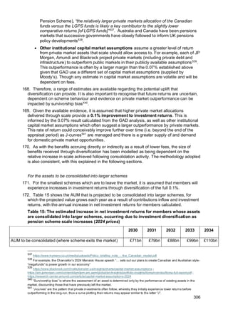 306
Pension Scheme), “the relatively larger private markets allocation of the Canadian
funds versus the LGPS funds is likely a key contributor to the slightly lower
comparative returns [of LGPS funds]”537
. Australia and Canada have been pensions
markets that successive governments have closely followed to inform UK pensions
policy developments538
.
• Other institutional capital market assumptions assume a greater level of return
from private market assets that scale should allow access to. For example, each of JP
Morgan, Amundi and Blackrock project private markets (including private debt and
infrastructure) to outperform public markets in their publicly available assumptions539
.
This outperformance is often by a larger margin than the 0.07% established above
given that GAD use a different set of capital market assumptions (supplied by
Moody’s). Though any estimate in capital market assumptions are volatile and will be
dependent on fees.
168. Therefore, a range of estimates are available regarding the potential uplift that
diversification can provide. It is also important to recognise that future returns are uncertain,
dependent on scheme behaviour and evidence on private market outperformance can be
impacted by survivorship bias540
.
169. Given the available evidence, it is assumed that higher private market allocations
delivered through scale provide a 0.1% improvement to investment returns. This is
informed by the 0.07% result calculated from the GAD analysis, as well as other institutional
capital market assumptions which often suggest a larger outperformance by private markets.
This rate of return could conceivably improve further over time (i.e. beyond the end of the
appraisal period) as J-curves541
are managed and there is a greater supply of and demand
for domestic private market opportunities.
170. As with the benefits accruing directly or indirectly as a result of lower fees, the size of
benefits received through diversification has been modelled as being dependent on the
relative increase in scale achieved following consolidation activity. The methodology adopted
is also consistent, with this explained in the following sections.
For the assets to be consolidated into larger schemes
171. For the smallest schemes which are to leave the market, it is assumed that members will
experience increases in investment returns through diversification of the full 0.1%.
172. Table 15 shows the AUM that is projected to be consolidated into larger schemes, for
which the projected value grows each year as a result of contributions inflow and investment
returns, with the annual increase in net investment returns for members calculated.
Table 15: The estimated increase in net investment returns for members whose assets
are consolidated into larger schemes, occurring due to investment diversification as
pension scheme scale increases (2024 prices)
2030 2031 2032 2033 2034
AUM to be consolidated (where scheme exits the market) £71bn £79bn £88bn £99bn £110bn
537
https://www.hymans.co.uk/media/uploads/Policy_briefing_note_-_the_Canadian_model.pdf
538
For example, the Chancellor’s 2024 Mansion House speech “… sets out our plans to create Canadian and Australian style-
“megafunds” to power growth in our economy”
539
https://www.blackrock.com/institutions/en-us/insights/charts/capital-market-assumptions ;
https://am.jpmorgan.com/content/dam/jpm-am-aem/global/en/insights/portfolio-insights/ltcma/noindex/ltcma-full-report.pdf ;
https://research-center.amundi.com/article/capital-market-assumptions-2024
540
“Survivorship bias” is where the assessment of an asset is determined only by the performance of existing assets in the
market, discounting those that have previously left the market.
541
“J-curves” are the pattern that private investments often follow, whereby they initially experience lower returns before
outperforming in the long-run, thus a curve plotting their returns may appear similar to the letter “J”.
 