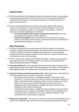50
Individual benefits
68. The Pension Schemes Bill has significant impacts on individual outcomes, enabling people
to receive greater amounts from their DC pension pot (and increasing their likelihood of
receiving their full DB pension). For example, through lower costs being passed on or
greater investment returns.
69. There are also estimated benefits to members across the package of DB measures.
However, as a DB pension is a promise based on earnings and length of service, the
measures do not translate as easily into monetary gains. Nevertheless, the two key
measures could deliver material gains to individuals:
▪ An increased likelihood of members receiving their full benefits of around 4
percentage points for those entering a Superfund.
▪ A share of the £4,200m which is estimated could be accessed from a pension
scheme and provided to pension savers, should there be the assumed 50:50 split of
benefits between employers and members.
Risks & Assumptions
70. The Pension Schemes Bill has a wide-ranging and significant impact on the pensions
landscape. Although best available evidence, data and assumptions are used, there remain
a number of significant risks and uncertainties on the impacts. As a result, sensitivity
analysis across all the measures has been conducted with each measure outlining the key
uncertainties and risks from the estimates.
71. The main areas of risk are listed and RAG-rated below (Red = significant analytical/policy
risk or significant driver of IA modelling; Green = low impact risk or assumption and/or
unlikely to significantly impact IA modelling).
72. Final policy detail (red) - At this stage there remains uncertainty about the detail of some
proposals where detail will be added in secondary legislation. As a result, the IAs present the
best available estimate but recognise these could change as policy details are finalised.
73. Investment returns and market movements (red) – Market performance may significantly
impact the proposals across a number of measures. For example:
o DB schemes funding positions are constantly changing in response to market
movements. This has an impact on the amount of surplus and whether schemes are
better or worse funded when considering whether to enter a superfund or be able to
reach buy-out with an insurer. Market movements cannot be known and an
increasing number of DB schemes are “hedging” their assets, limiting (or fully)
mitigating the risks of future funding levels.
o Across VFM and decumulation, a significant benefit to members is the improvement
in investment returns. Although it is anticipated, relative to the counterfactual, there
would still be a gain in performance, this may be impacted by financial market
movements which cannot be known in advance.
74. Behavioural change (red) – The impact of a number of measures will be dependent on how
providers and individuals respond to the reforms. Any behavioural assumptions are highly
 