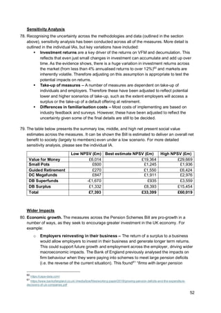 52
Sensitivity Analysis
78. Recognising the uncertainty across the methodologies and data (outlined in the section
above), sensitivity analysis has been conducted across all of the measures. More detail is
outlined in the individual IAs, but key variations have included:
▪ Investment returns are a key driver of the returns on VFM and decumulation. This
reflects that even just small changes in investment can accumulate and add up over
time. As the evidence shows, there is a huge variation in investment returns across
the market (from less than 4% annualised returns to over 12%)60
and markets are
inherently volatile. Therefore adjusting on this assumption is appropriate to test the
potential impacts on returns.
▪ Take-up of measures – A number of measures are dependent on take-up of
individuals and employers. Therefore these have been adjusted to reflect potential
lower and higher scenarios of take-up, such as the extent employers will access a
surplus or the take-up of a default offering at retirement.
▪ Differences in familiarisation costs – Most costs of implementing are based on
industry feedback and surveys. However, these have been adjusted to reflect the
uncertainty given some of the final details are still to be decided.
79. The table below presents the summary low, middle, and high net present social value
estimates across the measures. It can be shown the Bill is estimated to deliver an overall net
benefit to society (largely to members) even under a low scenario. For more detailed
sensitivity analysis, please see the individual IA.
Low NPSV (£m) Best estimate NPSV (£m) High NPSV (£m)
Value for Money £6,014 £19,364 £29,669
Small Pots £600 £1,245 £1,936
Guided Retirement £270 £1,550 £6,424
DC Megafunds £847 £1,911 £2,976
DB Superfunds -£1,670 £935 £3,559
DB Surplus £1,332 £8,393 £15,454
Total £7,393 £33,399 £60,019
Wider Impacts
80. Economic growth. The measures across the Pension Schemes Bill are pro-growth in a
number of ways, as they seek to encourage greater investment in the UK economy. For
example:
o Employers reinvesting in their business – The return of a surplus to a business
would allow employers to invest in their business and generate longer term returns.
This could support future growth and employment across the employer, driving wider
macroeconomic impacts. The Bank of England previously analysed the impacts on
firm behaviour when they were paying into schemes to meet large pension deficits
(i.e. the reverse of the current situation). This found61
“firms with larger pension
60
https://capa-data.com/
61
https://www.bankofengland.co.uk/-/media/boe/files/working-paper/2018/growing-pension-deficits-and-the-expenditure-
decisions-of-uk-companies.pdf
 