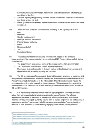 60
• Eliminate unlawful discrimination, harassment and victimisation and other conduct
prohibited by the Act;
• Advance equality of opportunity between people who share a protected characteristic
and those who do not and;
• Foster good relations between people who share a protected characteristic and those
who do not.
103. There are nine protected characteristics according to the Equality Act 201073
:
• Age
• Disability
• Gender reassignment
• Marriage and civil partnership
• Pregnancy and maternity
• Race
• Religion or belief
• Sex
• Sexual orientation
104. This assessment considers equality impacts (with respect to the protected
characteristics) of the measures to be introduced in the 2025 Pension Schemes Bill. It aims
to ensure that:
• The Department’s strategies, policies and services are free from discrimination;
• The Department complies with current equality legislation;
• Due regard is given to equality in decision making and subsequent processes; and
opportunities for promoting equality are identified.
105. The Bill is a package of measures all designed to support a number of outcomes and
designed to complement each other in achieving this. The individual components of the 2025
Pension Schemes Bill are outlined in the introduction. The individual annexes include the
more extensive policy detail for each of these measures. This assessment considers how
these benefits could be distributed across different protected characteristics and across the
DB and DC markets.
106. It is important to note the Bill measures will apply to pension schemes generally
rather than being specifically targeted at certain subgroups of people. The affected
population is therefore all members of a workplace pension scheme with an active or
deferred private pension pot. Currently, around 88% of eligible employees are participating in
a workplace pension74
and around half of the working-age population75
are saving into a
pension. In total, around 70% of the working-age population have a private pension76
.
73
https://www.legislation.gov.uk/ukpga/2010/15/part/2/chapter/1
74
https://www.gov.uk/government/statistics/workplace-pension-participation-and-savings-trends-2009-to-2023
75
https://assets.publishing.service.gov.uk/media/65f84d59fc7fcf0011c64836/c6-pension-participation.xlsx
76
https://www.ons.gov.uk/peoplepopulationandcommunity/personalandhouseholdfinances/incomeandwealth/bulletins/totalwealthi
ngreatbritain/april2020tomarch2022
 