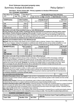 Error! Unknown document property name.
73
Summary: Analysis & Evidence Policy Option 1
Description: Pension Scheme Bill – Primary Legislation to introduce VFM framework
FULL ECONOMIC ASSESSMENT
Price Base Year
2024
PV Base
Year 2025
Time Period
Years 10
Net Benefit (Present Value (PV)) (£m)
Low: £6,014m High: £29,669m Best Estimate: £19,364m
COSTS (£m) Total Transition
(Constant Price)Years
Average Annual
(excl. Transition) (Constant
Price)
Total Cost
(Present Value)
Low £90m £29m £340m
High £151m £48m £567m
Best Estimate £138m 1 £38m £471m
Description and scale of key monetised costs by ‘main affected groups’
Pension Schemes (one-off, £138m): Familiarise with the requirements and implement relevant metrics, teams
and software. Pension Schemes (ongoing, £33m annual): Complete and report on the annual VFM assessment.
This involves storing and collecting data as well as comparing to other providers. Costs are estimated to fall over time
as fewer schemes remain in market. Cost estimates are direct from an FCA survey of providers with 25% optimism bias
is applied and responses are weighted by size to reflect the trust-based market.
Other key non-monetised costs by ‘main affected groups’
Members: May face indirect costs passed on from increased costs to schemes. However, this is unlikely given the
0.75% cap on charges. Instead, the expectation is additional costs will fall over time and as market competition on cost
remains strong. Regulators: May see additional costs of removing underperformers or closing schemes to new
members.
BENEFITS (£m) Total Transition
(Constant Price)
Years
Average Annual
(excl. Transition) (Constant
Price)
Total Benefit
(Present Value)
Low N/A
N/A
£865m £6,581m
High N/A N/A £3,943m £30,009m
Best Estimate N/A N/A £2,606m £19,835m
Description and scale of key monetised benefits by ‘main affected groups’
Members: See higher investment returns on their contributions. This could lead to £20bn of increased, ‘additional’
returns across the £600bn+ workplace DC market over the 10-year appraisal period, equivalent to £2bn annually.
These benefits are assumed to accrue directly to members (as principals, asset owners) and pass through schemes
(agents) who invest on their behalf. Schemes: As members are charged based on a percentage of pot value, higher
returns and larger DC pots will benefit schemes with an estimated £10m increase in charge revenue per year
compared to if performance did not increase.
Other key non-monetised benefits by ‘main affected groups’
Employers: Should find it easier to select, or switch, a good value pension scheme for their employees, as only good
schemes remain in the market. However the scale of this is unknown as are interactions with other Pension Schemes
Bill measures. Economy: A market of larger, better-performing pension schemes could benefit the UK macroeconomy
by increasing investment in productive domestic assets.
Key assumptions/sensitivities/risks
Dis
count rate (%)
3.5%
Analytical Assumption (Green, low impact): Costs are from a representative survey of the contract-based market; the IA
assumes trust and contract schemes will face similar costs (given many schemes operate in both markets and have similar
business models).
Analytical Risk (Amber): Schemes may overestimate costs to influence policy development. The IA has used sensitivity analysis
to account for this; and even in a higher cost/lower benefit scenario, large net policy benefits remain.
Analytical Risk/Assumption (Red, high impact): Investment performance benefits are monetised based on a range of evidence
(current and past UK market data and from Australia’s equivalent policy). This is the driving IA assumption. Small changes in
returns would significantly impact monetisation (due to compounding) and future returns are highly uncertain. Sensitivity shows
large policy benefits remain even in conservative return scenarios.
Policy Risk (Red): Schemes may ‘herd’ following VFM, where the framework’s increased focus on performance leads schemes
to invest safely in similar assets to avoid underperformance or being an outlier. This may stifle innovations/high performers.
BUSINESS ASSESSMENT (Option 1)
Direct impact on business (Equivalent Annual) £m: Score for Business Impact Target (qualifying provisions
only) £m:
Costs: £55m Benefits: £12m Net: £43m
 