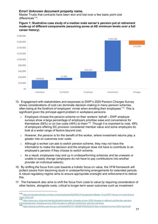 Error! Unknown document property name.
77
Master Trusts that contracts have been won and lost over a few basis point cost
differentials114
.
Figure 1: Illustrative case study of a median male earner’s pension pot at retirement
made-up of different components (assuming saves at AE minimum levels over a full
career history)
15. Engagement with stakeholders and responses to DWP’s 2020 Pension Charges Survey
shows considerations of cost can dominate decision-making in many pension schemes,
often being at the forefront of employers’ minds when enrolling their employees115
. This is
significant given the principal-agent problem in workplace pensions:
o Employers choose the pension scheme on their workers’ behalf – DWP employer
surveys show a large percentage of employers prioritise ease and convenience for
themselves (64%) or on low costs (49%) to them116
. Though it is important to note, 49%
of employers offering DC provision considered member value and some employers do
look at a wider range of factors beyond cost.
o However, the pension is for the benefit of the worker, where investment returns play a
greater role on outcomes over costs.
o Although a worker can ask to switch pension scheme, they may not have the
information to make the decision and the employer does not have to contribute to an
employee’s pension if they choose to switch scheme.
o As a result, employees may end up in underperforming schemes and be unaware or
unable to easily change (employers do not have to pay contributions into another
provider an individual selects).
16. By shifting the focus from cost towards a holistic focus on value, the VFM framework will
protect savers from becoming stuck in underperforming arrangements for extended periods.
A robust regulatory regime aims to ensure appropriate oversight and enforcement to deliver
this.
17. The framework also aims to shift the focus from costs to value by requiring consideration of
other factors, alongside costs, critical to longer-term saver outcomes such as investment
114
https://corporate-adviser.com/wp-content/uploads/2022/06/CA-Supplement-Master-Trust-GPP-House-of-Lords-Round-
Table-2022.pdf
115
https://www.gov.uk/government/publications/pension-charges-survey-2020-charges-in-defined-contribution-pension-
schemes/pension-charges-survey-2020-charges-in-defined-contribution-pension-schemes
116
https://assets.publishing.service.gov.uk/media/6501971439d9f1000d3d3a37/dwp-employer-survey-2022-report.pdf
£29,620
£7,405
£22,215
£105,260
-£15,095
Individual Tax Relief Employer Investment Charges
£0
£20,000
£40,000
£60,000
£80,000
£100,000
£120,000
£140,000
£160,000
£180,000
 