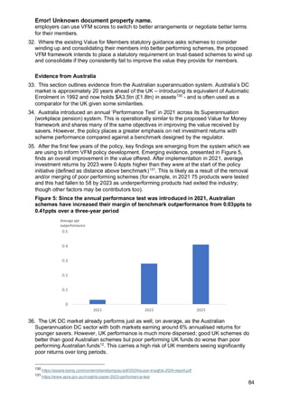 Error! Unknown document property name.
84
employers can use VFM scores to switch to better arrangements or negotiate better terms
for their members.
32. Where the existing Value for Members statutory guidance asks schemes to consider
winding up and consolidating their members into better performing schemes, the proposed
VFM framework intends to place a statutory requirement on trust-based schemes to wind up
and consolidate if they consistently fail to improve the value they provide for members.
Evidence from Australia
33. This section outlines evidence from the Australian superannuation system. Australia’s DC
market is approximately 20 years ahead of the UK – introducing its equivalent of Automatic
Enrolment in 1992 and now holds $A3.5tn (£1.8tn) in assets130
- and is often used as a
comparator for the UK given some similarities.
34. Australia introduced an annual ‘Performance Test’ in 2021 across its Superannuation
(workplace pension) system. This is operationally similar to the proposed Value for Money
framework and shares many of the same objectives in improving the value received by
savers. However, the policy places a greater emphasis on net investment returns with
scheme performance compared against a benchmark designed by the regulator.
35. After the first few years of the policy, key findings are emerging from the system which we
are using to inform VFM policy development. Emerging evidence, presented in Figure 5,
finds an overall improvement in the value offered. After implementation in 2021, average
investment returns by 2023 were 0.4ppts higher than they were at the start of the policy
initiative (defined as distance above benchmark)131
. This is likely as a result of the removal
and/or merging of poor performing schemes (for example, in 2021 75 products were tested
and this had fallen to 58 by 2023 as underperforming products had exited the industry;
though other factors may be contributors too).
Figure 5: Since the annual performance test was introduced in 2021, Australian
schemes have increased their margin of benchmark outperformance from 0.03ppts to
0.41ppts over a three-year period
36. The UK DC market already performs just as well, on average, as the Australian
Superannuation DC sector with both markets earning around 6% annualised returns for
younger savers. However, UK performance is much more dispersed; good UK schemes do
better than good Australian schemes but poor performing UK funds do worse than poor
performing Australian funds12
. This carries a high risk of UK members seeing significantly
poor returns over long periods.
130
https://assets.kpmg.com/content/dam/kpmg/au/pdf/2024/super-insights-2024-report.pdf
131
https://www.apra.gov.au/insights-paper-2023-performance-test
0
0.1
0.2
0.3
0.4
0.5
2021 2022 2023
Average ppt
outperformance
 